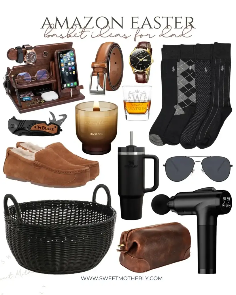 Flat lay collage of Amazon Easter basket ideas for dad including a wooden docking station, leather belt and watch, engraved whiskey glass, cozy slippers, Stanley tumbler, massage gun, candle, sunglasses, socks, toiletry bag, and black woven basket.