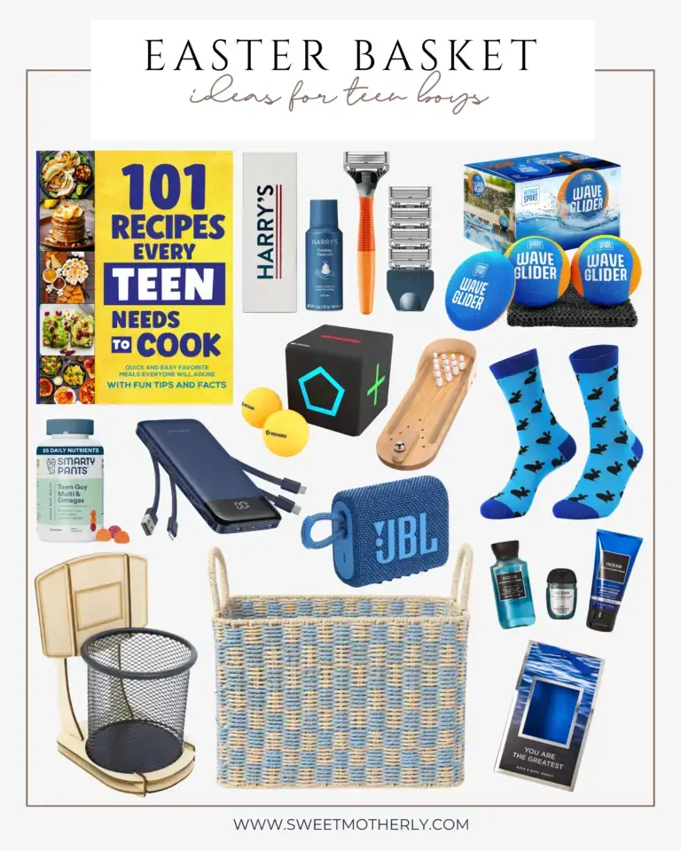 Amazon Easter basket ideas for teen boys with cookbook, grooming kit, Bluetooth speaker, socks, power bank, wave gliders, sports items, cologne set, joke book, and blue woven basket.