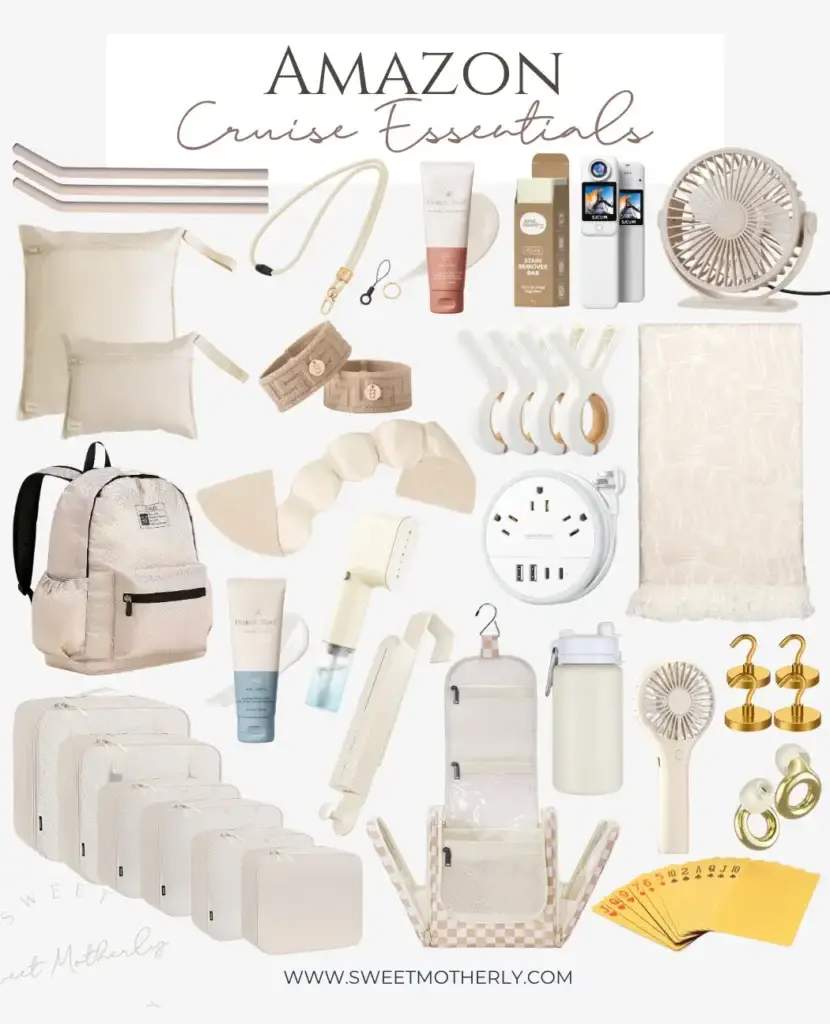 Screenshot-2025-02-11-at-80606 PM - Sweet Motherly Amazon Cruise Essentials flat lay featuring packing cubes, portable fan, magnetic hooks, backpack, hanging toiletry bag, power strip, towel bands, and travel accessories in a neutral color palette.
