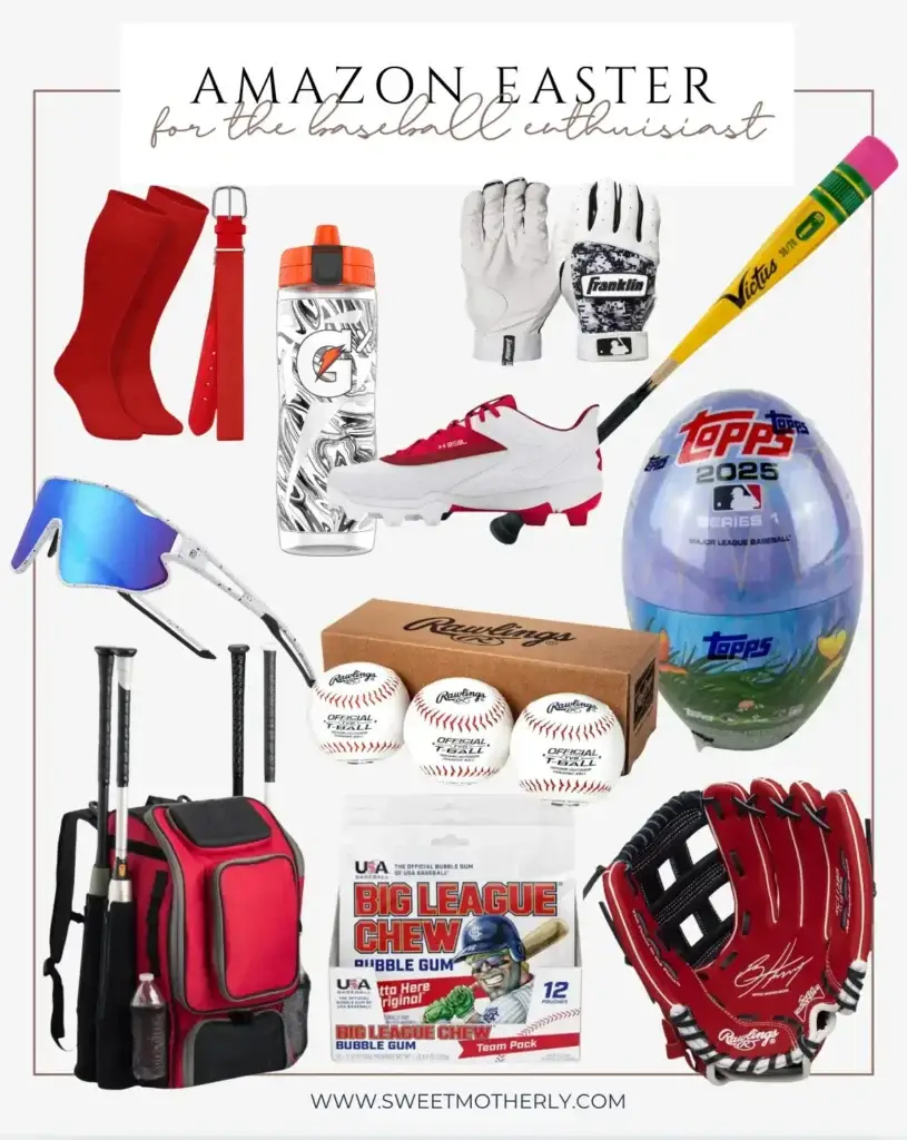 Baseball-themed Amazon Easter basket ideas featuring cleats, batting gloves, bat, Rawlings baseballs, Topps baseball card egg, Big League Chew, red glove, sports sunglasses, and baseball gear bag.