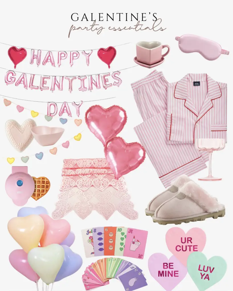 Galentine’s Day party essentials including heart balloons, pink pajamas, cozy slippers, festive decorations, playing cards, and Valentine-themed tableware