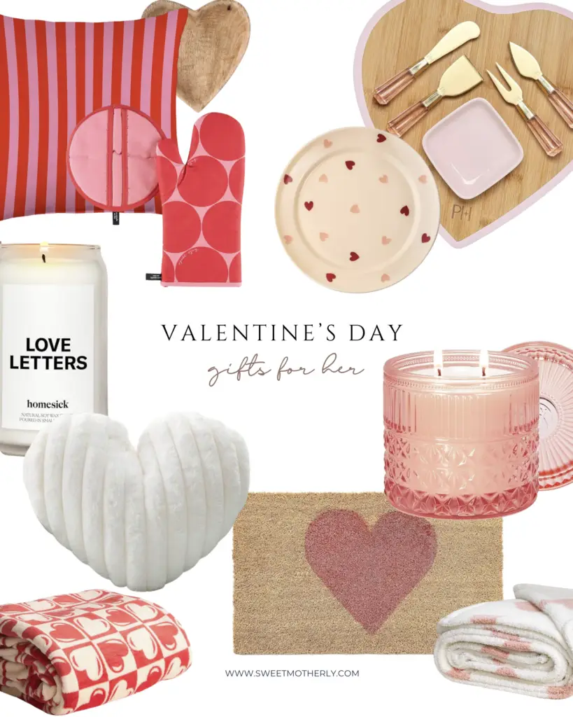 Valentine’s Day gifts for her featuring cozy home decor, candles, kitchen accessories, serving boards, heart-themed tableware, and soft blankets