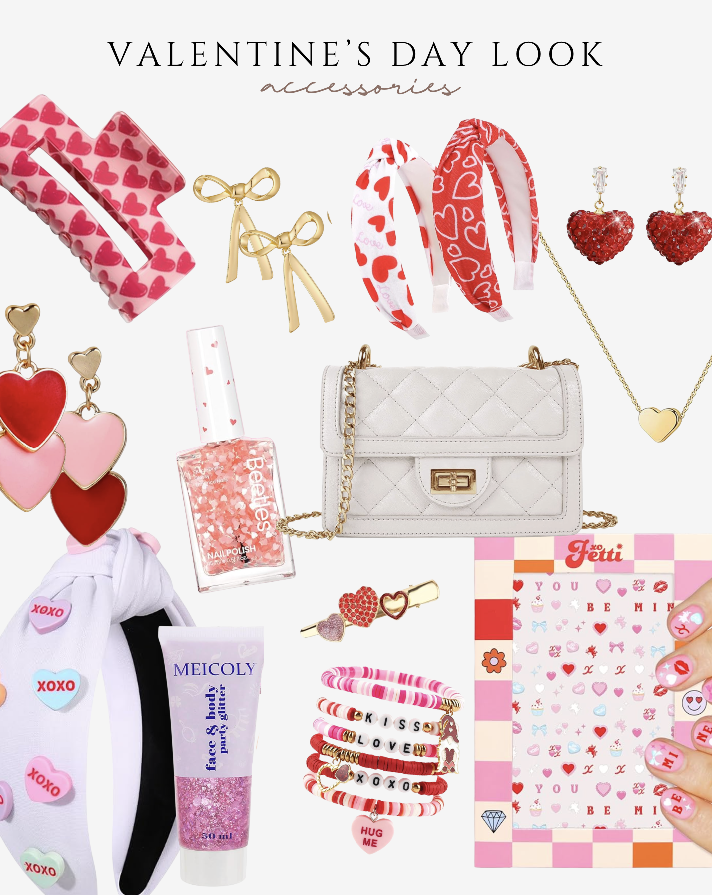 Valentine’s Day accessories including heart earrings, gold bow earrings, heart headbands, quilted white handbag, layered bracelets, and festive nail polish.