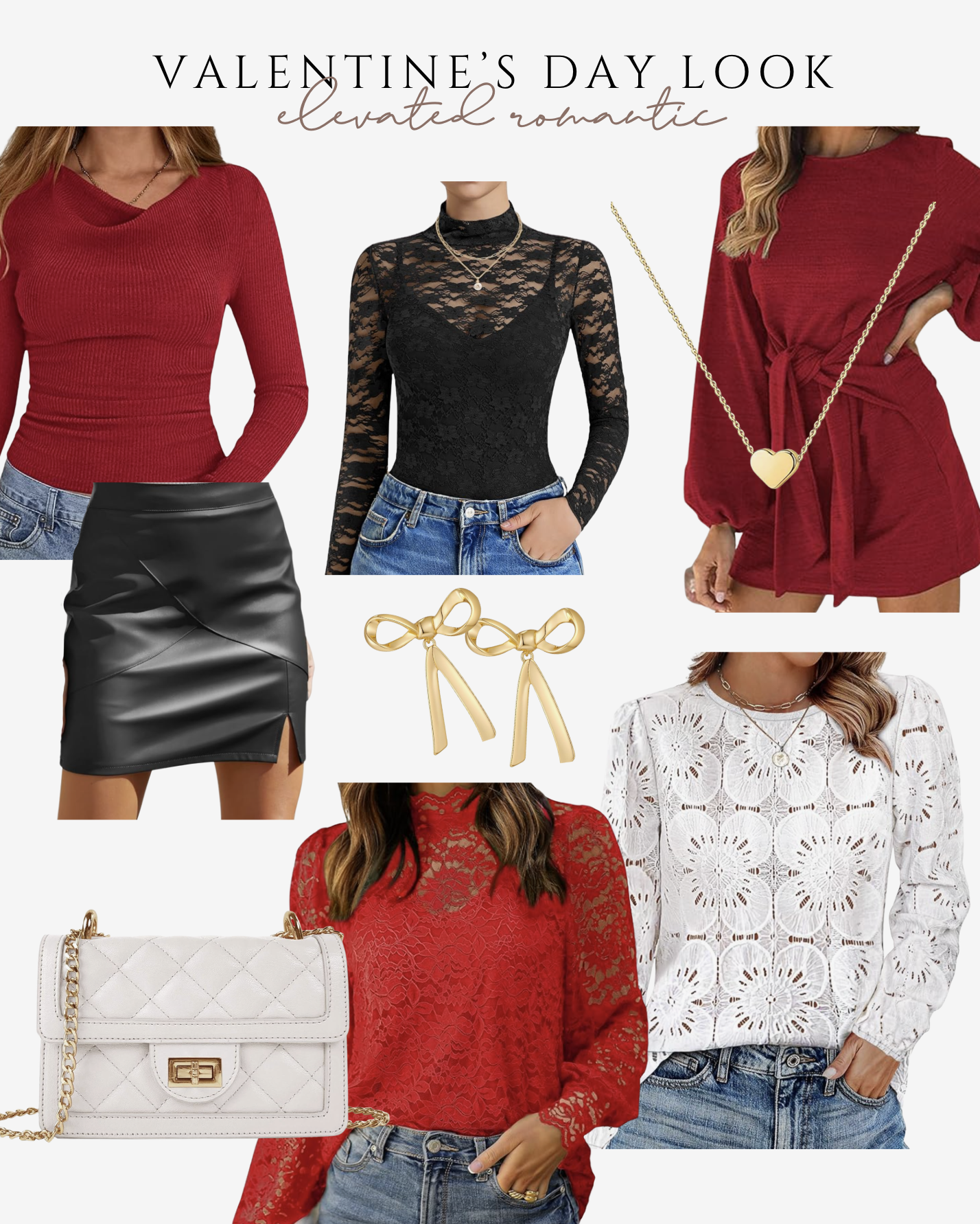 Affordable Valentine’s Day romantic outfit ideas including red tops, black lace bodysuit, leather skirt, white lace blouse, and gold accessories.