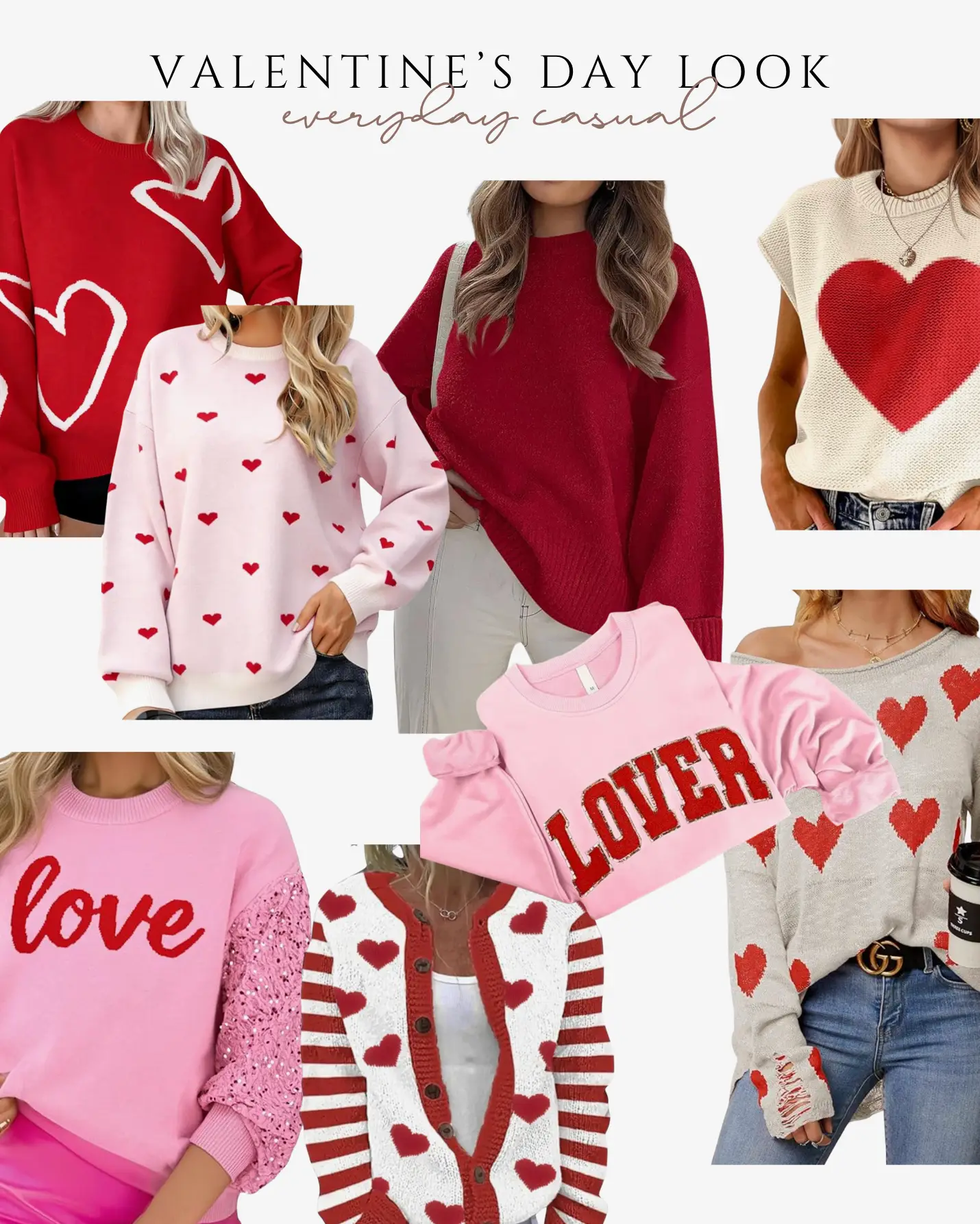 Collage of affordable Valentine’s Day casual outfits featuring red and pink heart sweaters, graphic love sweatshirts, and cozy cardigans styled with jeans.