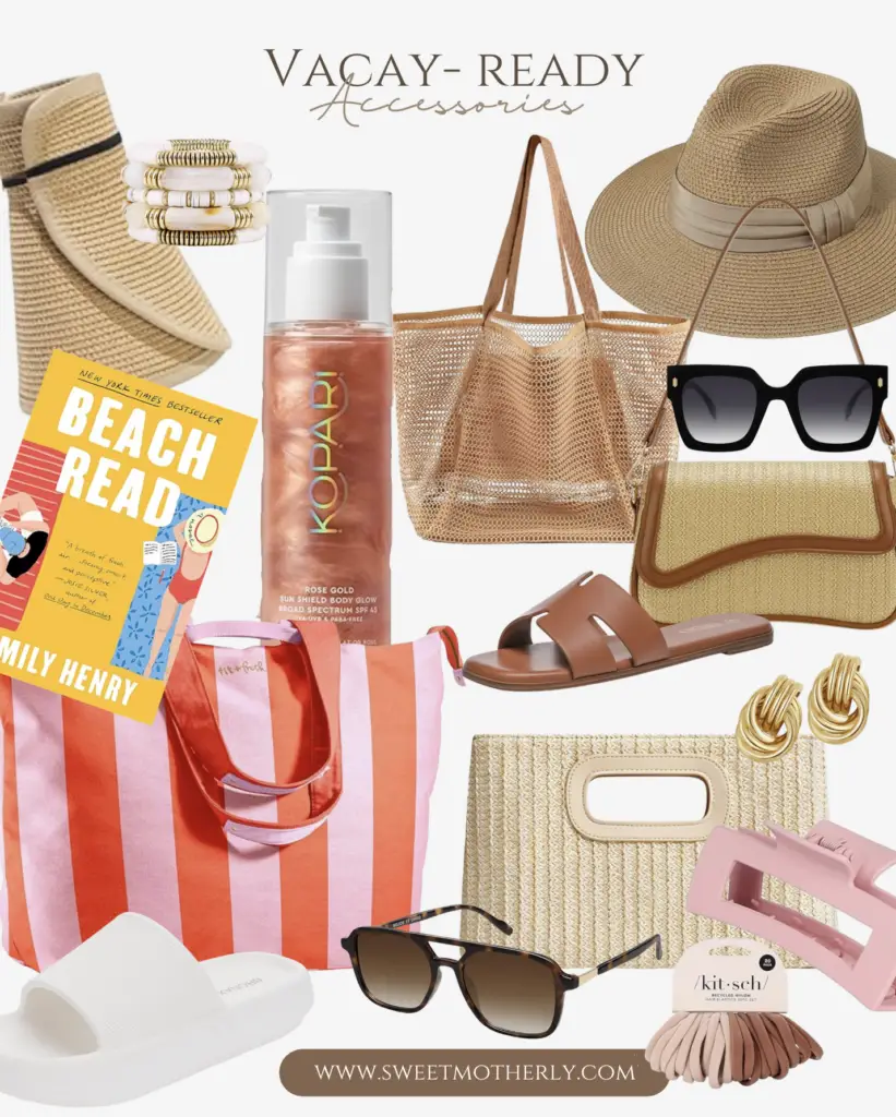 Screenshot 2026-02-17 at 93148 AM - Sweet Motherly Flat lay collage featuring straw hats, woven handbags, slide sandals, sunglasses, statement earrings, sunscreen, and a striped beach tote for vacation styling inspiration.