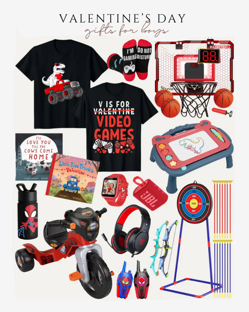 Valentine’s Day gifts for boys including heart-themed sweatshirts, toys, pajamas, water bottles, books, games, and fun red Valentine accessories