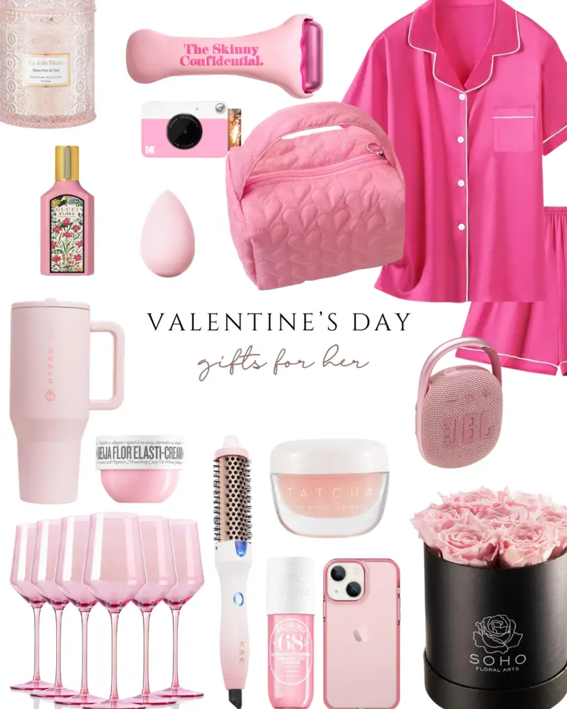 Valentine’s Day gifts for her including pink pajamas, beauty tools, skincare favorites, makeup, candles, and cozy self-care essentials