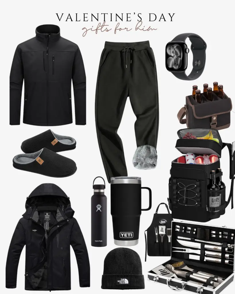 Valentine’s Day gifts for him featuring cozy jackets, lounge pants, slippers, grooming tools, drinkware, outdoor gear, and practical everyday accessories