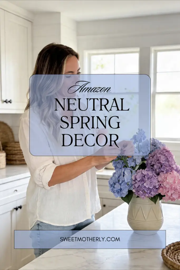 Woman arranging blue and pink hydrangeas in a bright kitchen; overlay text reads 'Amazon Neutral Spring Decor' with site watermark 'sweetmotherly.com'