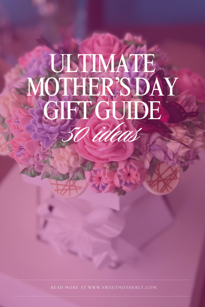 Hero image for a Mother's Day gift guide: pink floral bouquet with white text reading 'Ultimate Mother's Day Gift Guide' and '50 ideas'.
