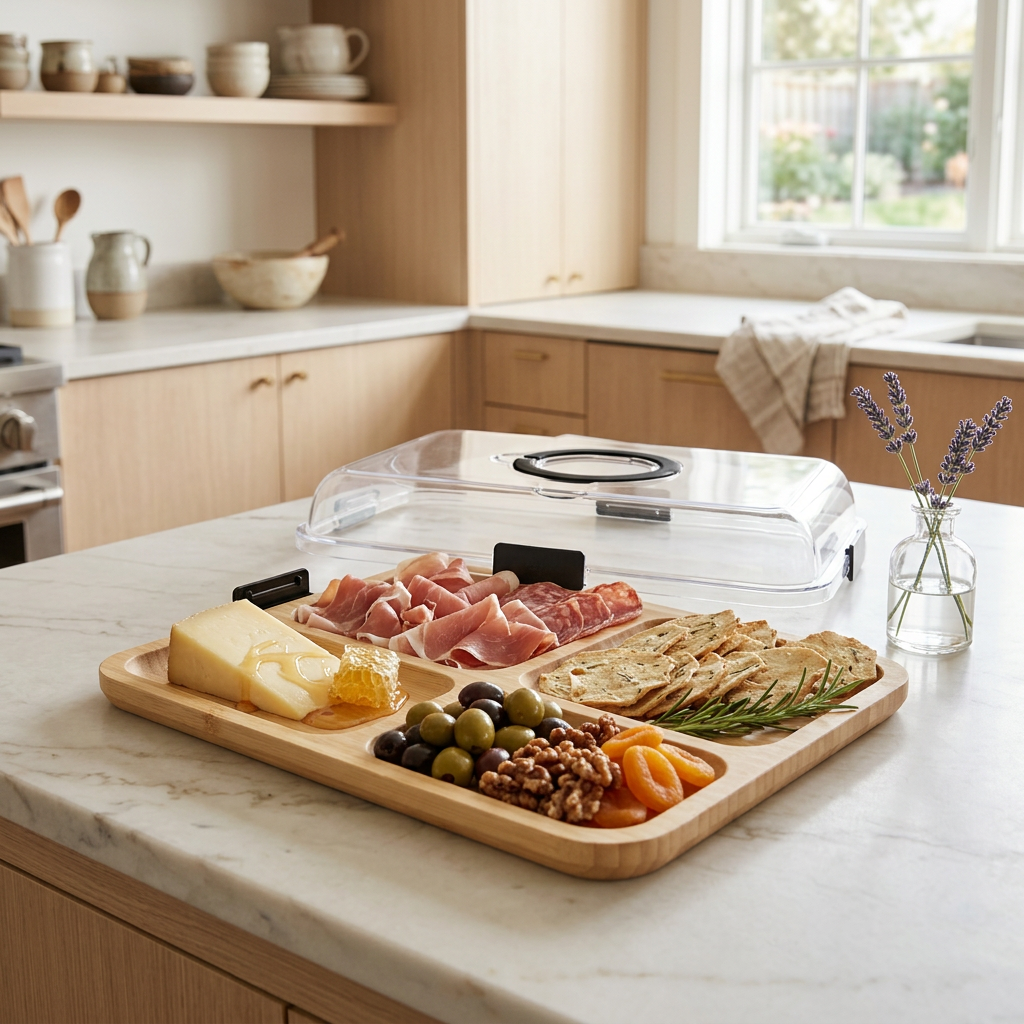 Charcuterie board on a kitchen island with cheese, olives, nuts, dried apricots, crackers, ham, and a clear cloche; lavender vase nearby.