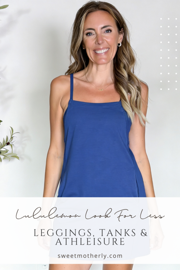 Smiling woman in a blue sleeveless dress poses indoors; text overlay promotes leggings, tanks & athleisure from sweetmotherly.com