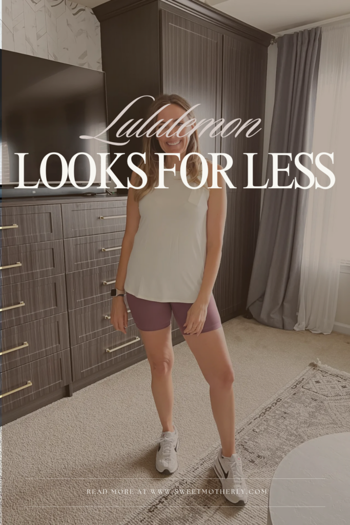 Smiling woman in a white tank top and purple shorts stands in a bedroom, overlaid with the text “Laludemon LOOKS FOR LESS” and a “Read more at” line.