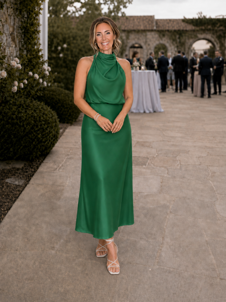 Woman in a green halter dress standing on a stone patio at an outdoor event, smiling at the camera with guests in the background.