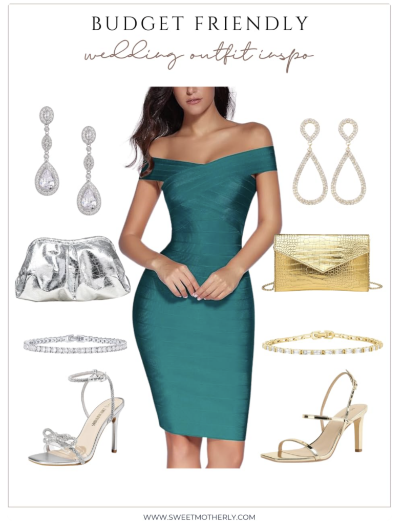 Screenshot 2026-05-28 at 22409 PM - Sweet Motherly Budget-friendly wedding outfit inspiration: teal off-shoulder dress with silver and gold accessories including earrings, bracelets, clutch, and heels.