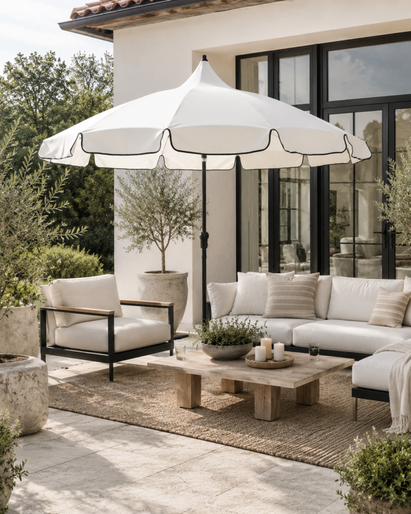 White outdoor patio umbrella over a beige-cushioned seating area with wood coffee table and potted plants on a sunlit stone patio