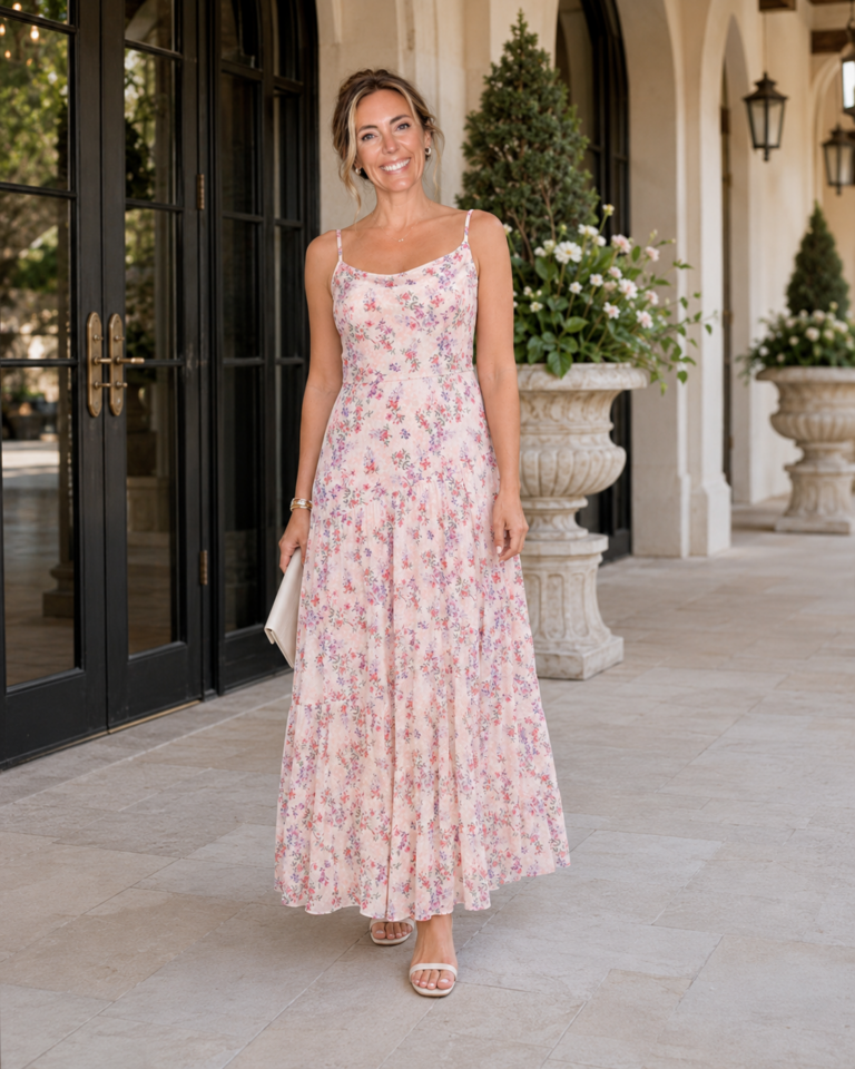 Smiling woman in a pale pink floral maxi dress stands at an elegant doorway with large black-framed glass doors and decorative planters nearby.