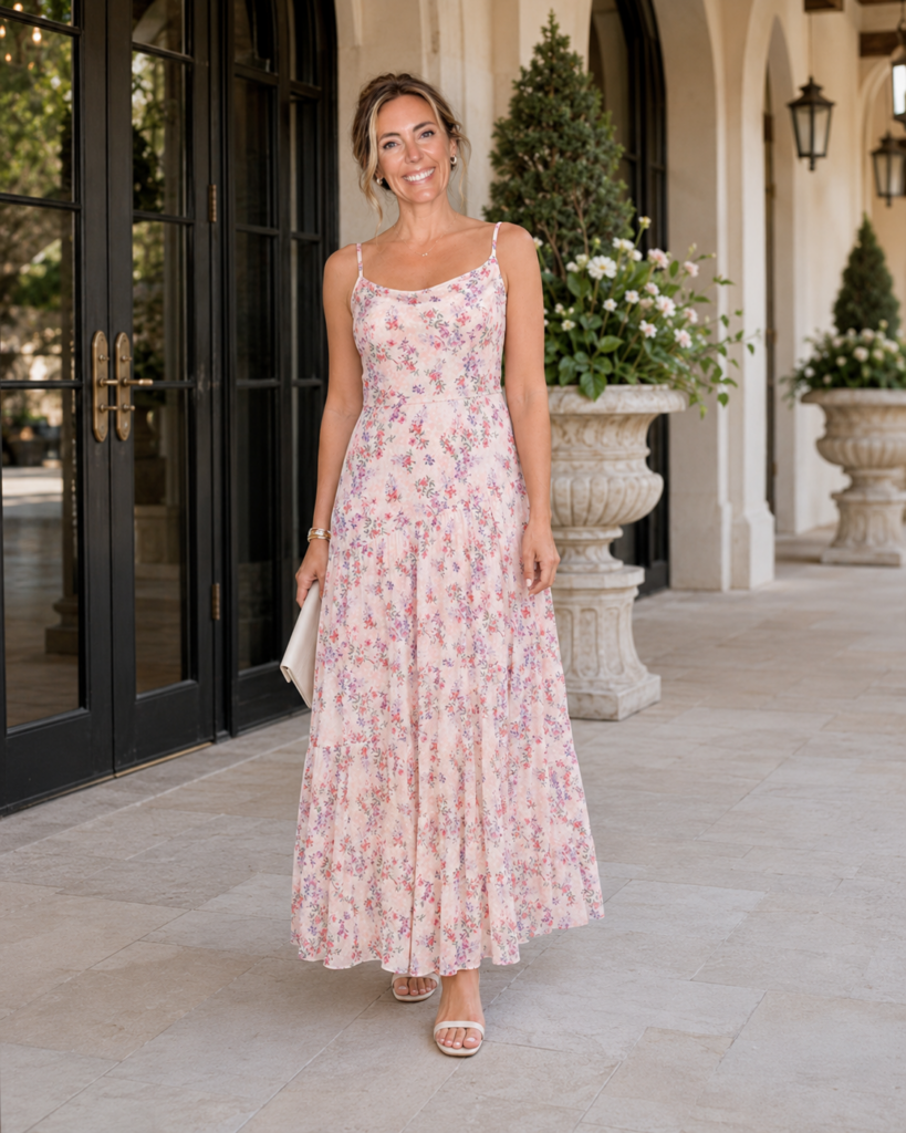 Smiling woman in a pale pink floral maxi dress stands at an elegant doorway with large black-framed glass doors and decorative planters nearby.