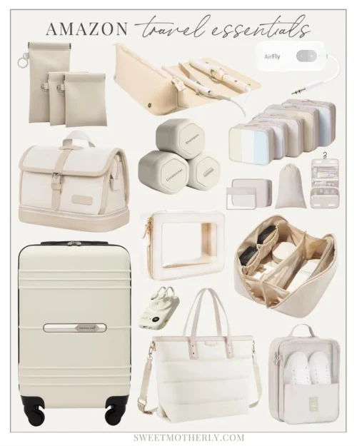 25-of-the-best-travel-essentials-from-Amazon A collage of different types of white luggage.